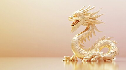 Fototapeta premium Majestic Golden Dragon Statue Representing Power and Prosperity in 3D Render with Glowing Highlights on Reflective Surface Against Soft Pastel Background