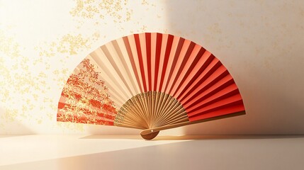 Elegant 3D Render of Red and Gold Folding Hand Fan with Intricate Patterns on White and Gold Gradient Background