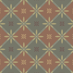 Retro geometric lattice repeat pattern with rosette flowers and rhombus tiles in earth tones. Tan and gray minimalist traditional plaid background.