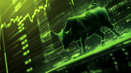 A dynamic stock chart with a green upward arrow and a charging bull in the foreground.