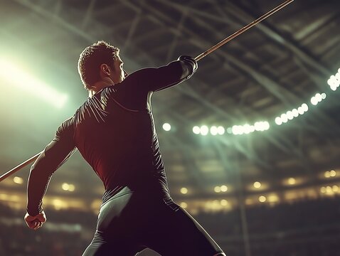 Athlete performing javelin throw in a stadium, showcasing strength and focus under bright lights.