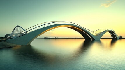 A modern bridge gracefully arches over calm waters at sunset, symbolizing connectivity and design.