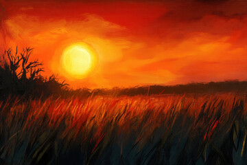 Fiery Sunset Over Grassland