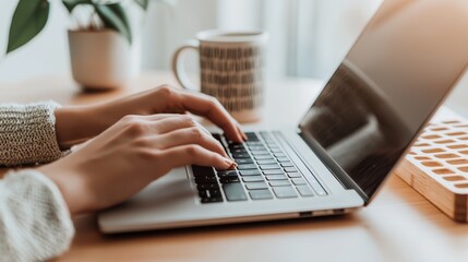 Close-up of hands typing on a laptop keyboard, surrounded by productivity tools like a branded coffee mug,