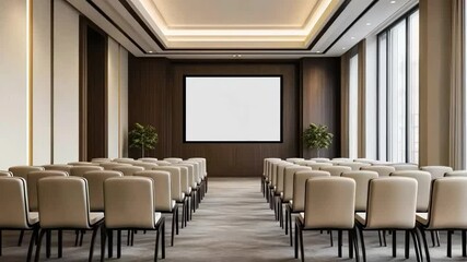 Empty conference room with rows of chairs facing a blank projector screen, ideal for business meetings and seminars
