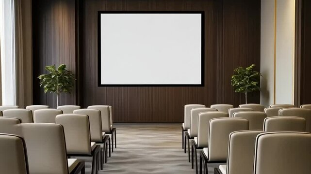 Empty conference room with rows of chairs facing a blank presentation screen, ideal for business meetings or seminars