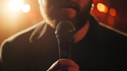 A film critic holding a microphone and sharing a live review on camera.