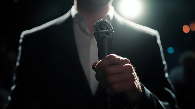 A film critic holding a microphone and sharing a live review on camera.