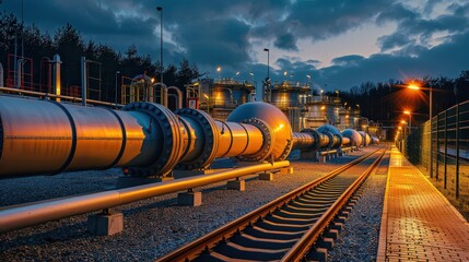 Naklejka premium Industrial Pipeline at Dusk with City Lights