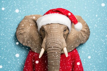 A large elephant wearing a red Santa hat and a red shirt