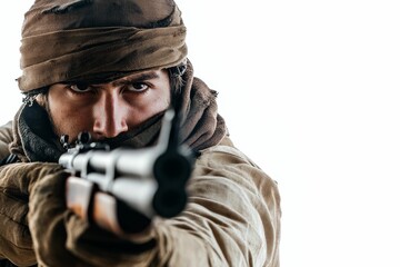 Fototapeta premium Armed man, desert garb, aiming rifle.