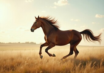 Horse galloping across a golden field during sunset near a serene landscape