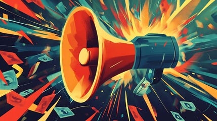 A Digital Painting of a Megaphone Bursting with Energy and Currency. AI Generated