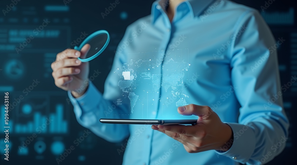 Poster focused accountant examining financial documents with a magnifying glass to ensure accurate quality 