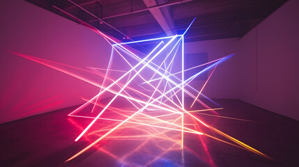 A futuristic art installation using laser beams to form geometric shapes in the air.