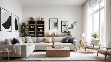 Stylish interior of living room with soft sofa and coffee table
