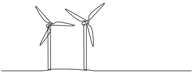 Wind Turbine Continuous Line Icon. Hilly landscape with wind farm turbines energy continuous one line icon drawing. Renewable source green energy concept vector illustration. Contour one line sign 