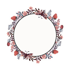 Strawberry, raspberry and butterfly watercolor wreath. Hand drawn doodle illustration with berries, leaves, branch, moth and flowers. template for label, card, design packaging