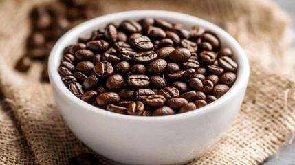 Freshly Roasted Coffee Beans in a White Bowl on a Rustic Surface Surrounded by Natural Textures Ideal for Food and Beverage Related Projects