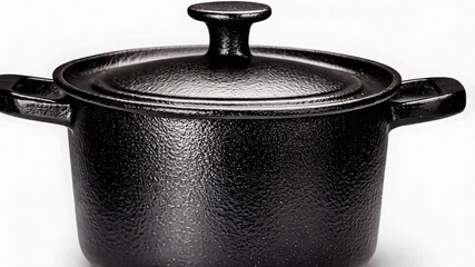 Black cast iron pot with lid, ideal for rustic kitchen decor and hearty winter meals