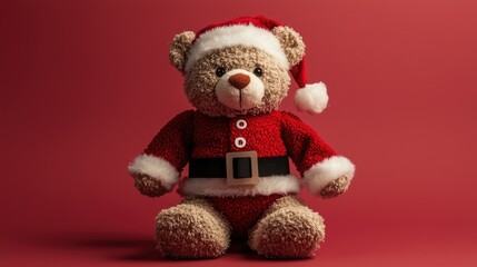 Festive Teddy Bear in Santa Suit against Red Background