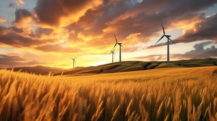 Obraz premium Scenic Wind Turbines at Sunset Over Golden Fields