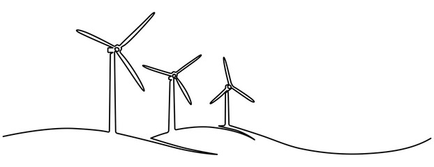 Wind Turbine Continuous Line Icon. Hilly landscape with wind farm turbines energy continuous one line icon drawing. Renewable source green energy concept vector illustration. Contour one line sign  © line drawing