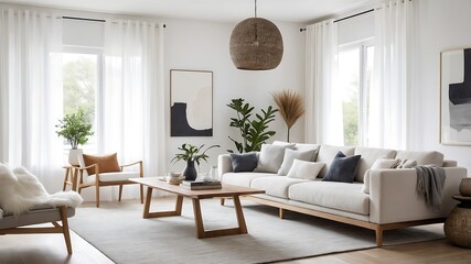 Interior of cozy living room with grey sofa and reed diffuser on coffee table. 