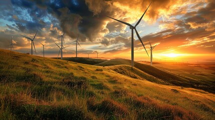 Obraz premium Stunning Sunset Over Wind Turbines on Rolling Hills