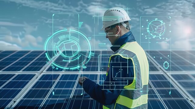 Engineer Monitoring Solar Panels with Digital Interface - Powered by Adobe