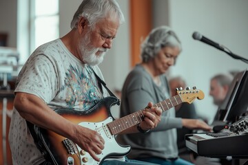 Elderly musicians joyfully rehearsing in a bright studio, blending their diverse talents during an afternoon session