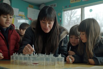 Teacher conducts engaging science experiment with students in a lively classroom setting
