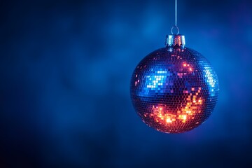 Fototapeta premium hanging discoball dark blue future dusk baubles on a dark blue background, representing the party. Web banner with copy space on the right. 
