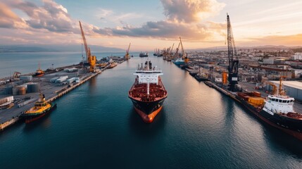 Fototapeta premium Aerial View of Busy Port with Cargo Ship and Cranes Under Cloudy Sunset Sky Reflecting on Calm Water in Industrial Harbor Setting