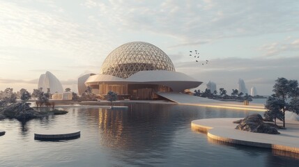 Obraz premium A futuristic dome-shaped building surrounded by water and landscapes, suggesting innovation.