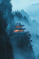 Obraz premium Misty mountain temple glows, serene beauty.