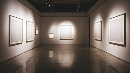 A gallery corner showcasing minimalist line art illuminated by soft spotlighting.