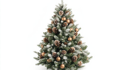 Frosted Christmas tree with pine cones and gold ornaments, evoking warmth and festive cheer