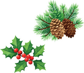 Pine branches with cones and holly berries creating christmas decoration