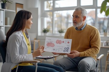 Obraz premium A healthcare professional explains gut health concepts to a middle-aged patient in a bright, modern clinic during a consultation session