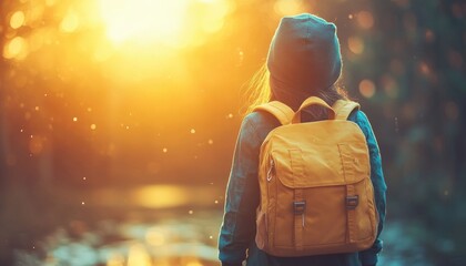 Obraz premium A child's backpack, overflowing with the magic of childhood adventures, holds untold stories and dreams This yellow backpack symbolizes imagination, wonder, and the boundless potential of a young