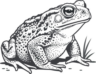 Big toad resting in the grass, monochrome illustration
