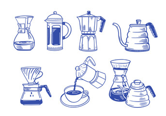 A detailed illustration showcasing various coffee brewing equipment and tools used