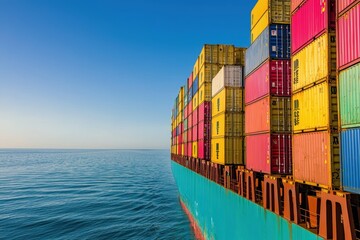 Fototapeta premium Cargo Ship with Colorful Containers on Calm Sea for Maritime and Trade Themes