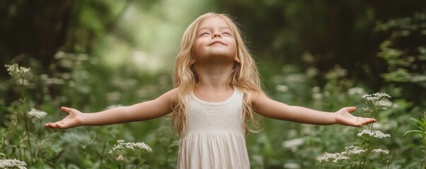 Obraz premium A Child's Embrace of Freedom and Magic Where Imagination Soars in a Whimsical Forest This enchanting image captures the boundless spirit of youth, a magical connection with nature, and the limitless