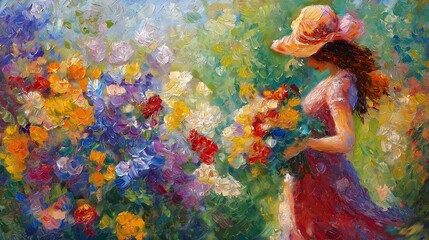 Woman in Summer Garden Picking Flowers Painting