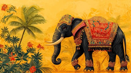 Celebrating the Pooram festival with an ornate elephant adorned in vibrant yellow attire