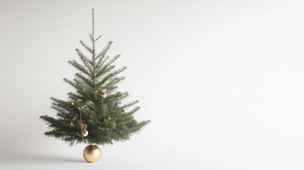 Serene minimalist Christmas tree, single ornament, gold base. Evokes peace and simplicity