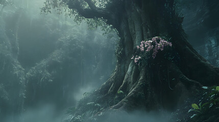 A giant kapok tree standing tall in a misty rainforest with vines and orchids adorning its trunk.