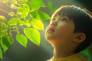 A child's wonder-filled gaze, inspired by the magical possibilities of exploration and discovery in nature This image captures a moment of pure childhood joy, reflecting the innate curiosity and